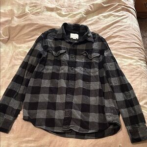 American Eagle Outfitters Black and Gray Plaid Casual Button Down Shirt